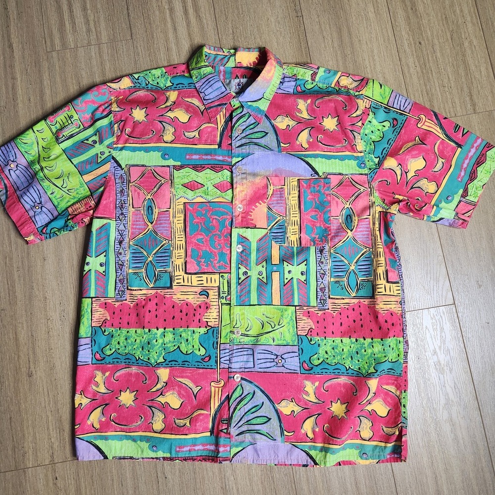 Vtg The Territory Ahead Mens XXL Hawaiian Shirt 90's Colorful Abstract Patchwork